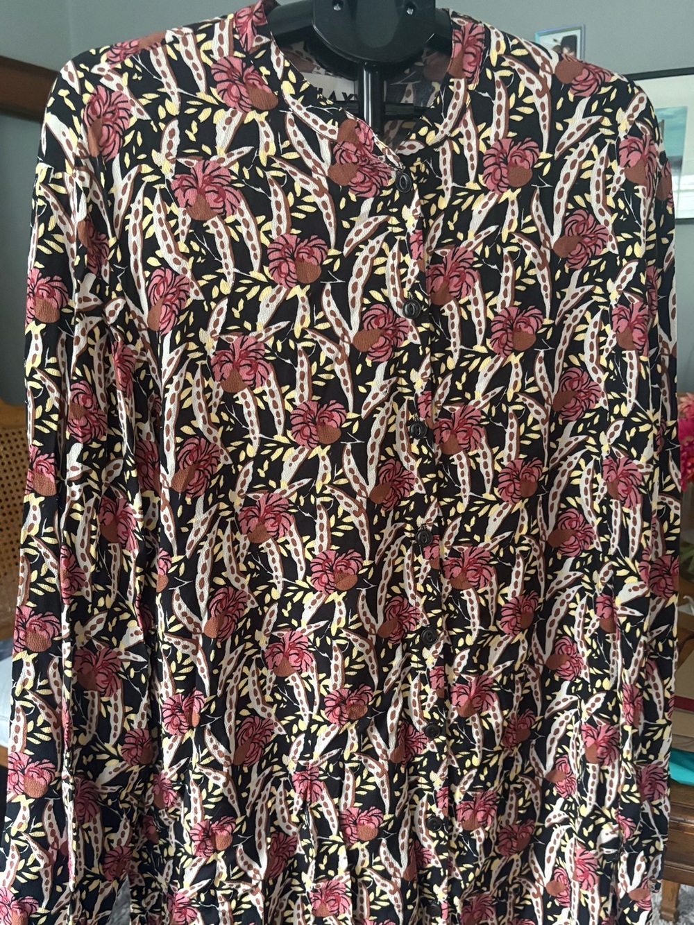 FLAX Floral Button Front Tunic Shirt Medium 100% Rayon Artsy Boho